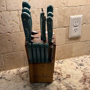 The Pioneer Woman Teal and Wood Knife Block Set